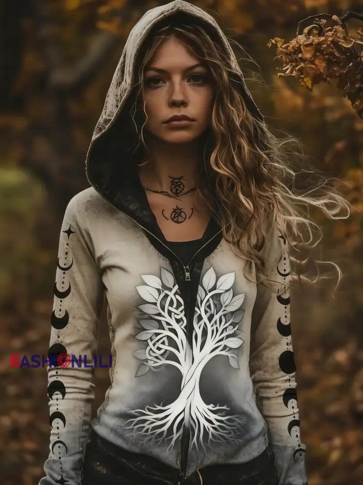 Women’s Retro Viking Celtic Knot Tree Of Life Gradient Sports Hooded Jacket Khaki / S