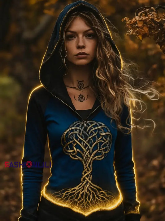 Women’s Retro Viking Celtic Knot Tree Of Life Gradient Sports Hooded Jacket Navy Blue / S