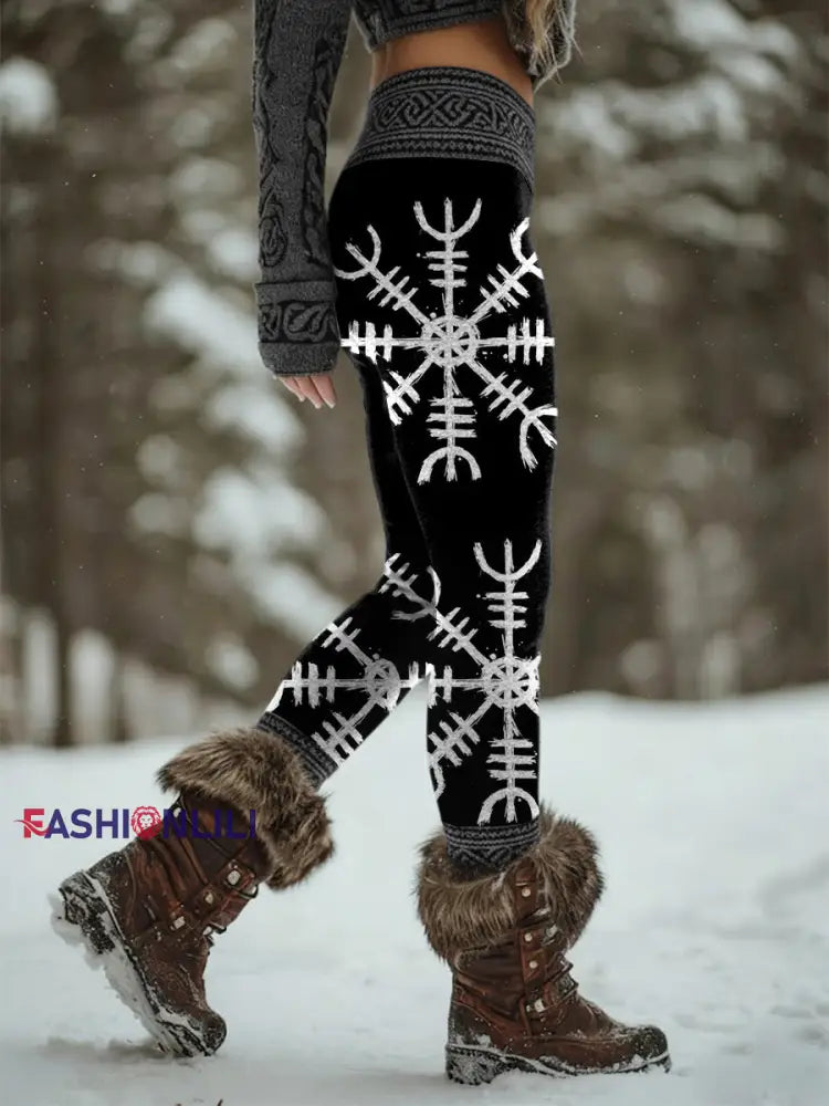 Women’s Retro Viking Celtic Knot Valkyrie Rune Sports Stretch Leggings Black / S