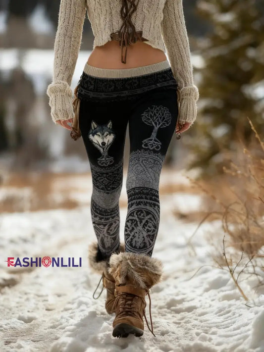 Women’s Retro Viking Wolf Celtic Knot Tree Of Life Gradient Sports Stretch Leggings Black / S