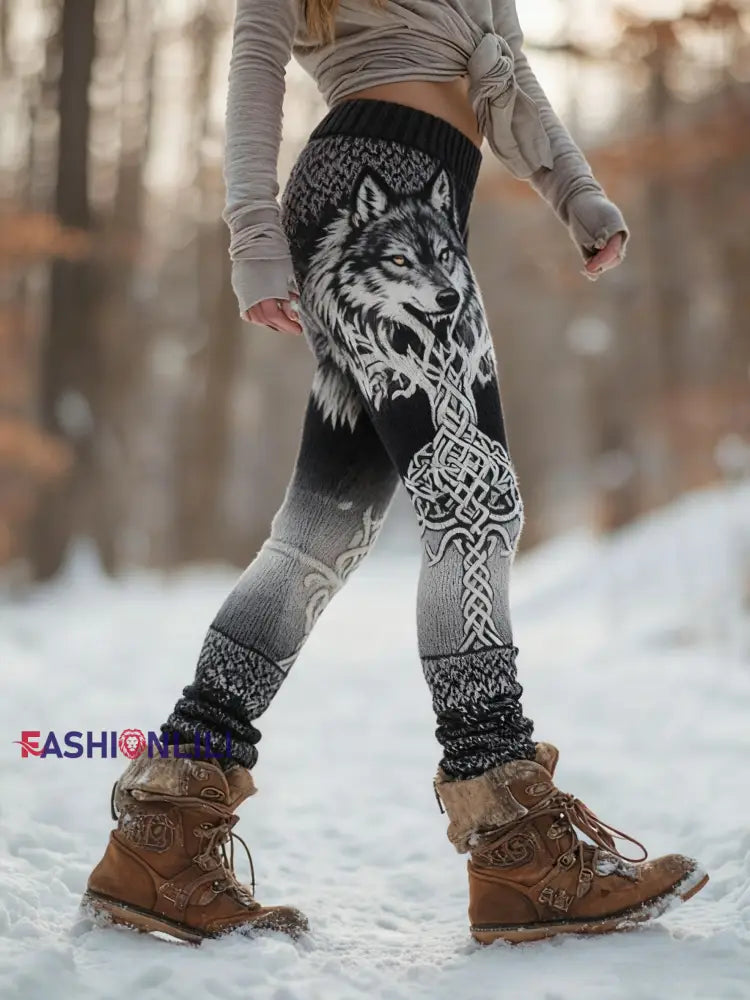 Women’s Retro Viking Wolf Celtic Knot Tree Of Life Gradient Sports Stretch Leggings Black / S