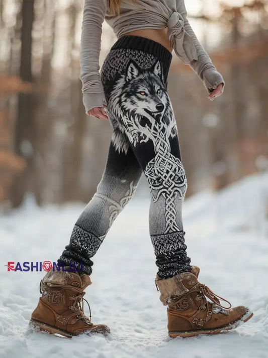 Women’s Retro Viking Wolf Celtic Knot Tree Of Life Gradient Sports Stretch Leggings Black / S