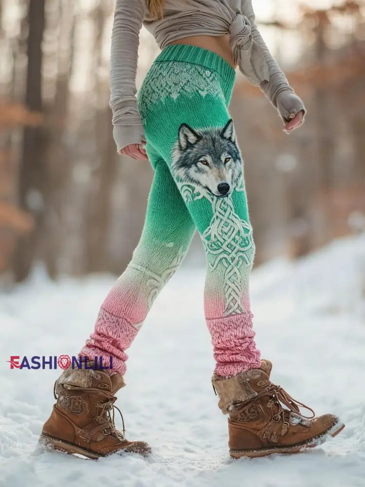 Women’s Retro Viking Wolf Celtic Knot Tree Of Life Gradient Sports Stretch Leggings Green / S