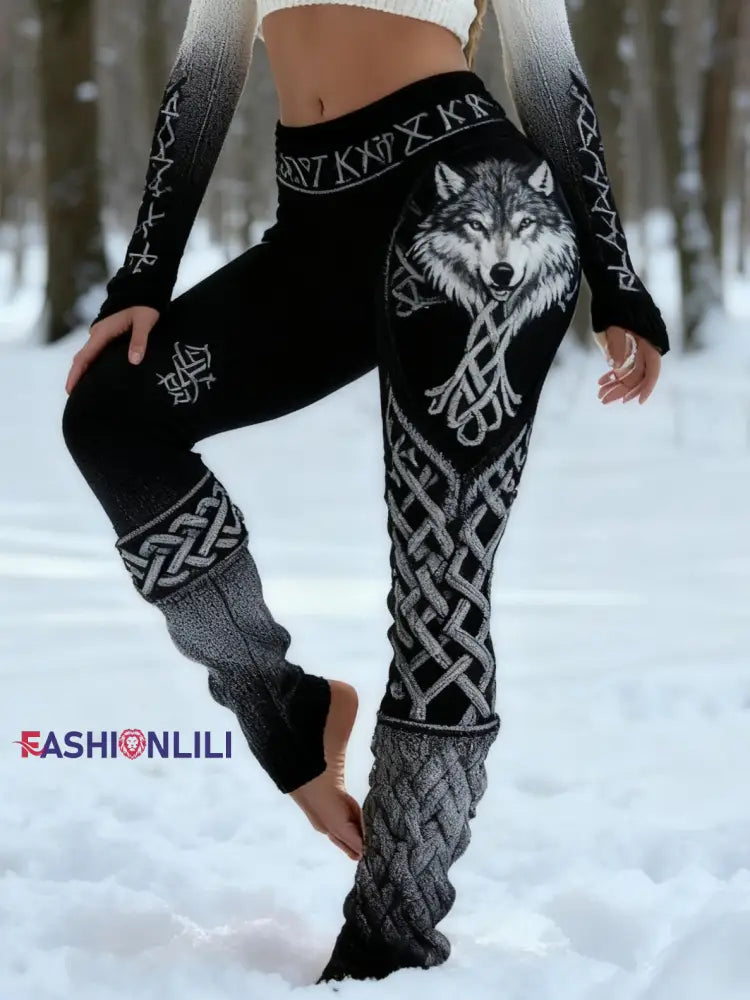 Women’s Retro Viking Wolf Celtic Knot Vigvir Rune Gradient Sports Stretch Leggings Black / S