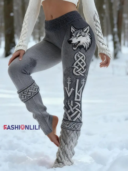 Women’s Retro Viking Wolf Celtic Knot Vigvir Rune Gradient Sports Stretch Leggings Gray / S