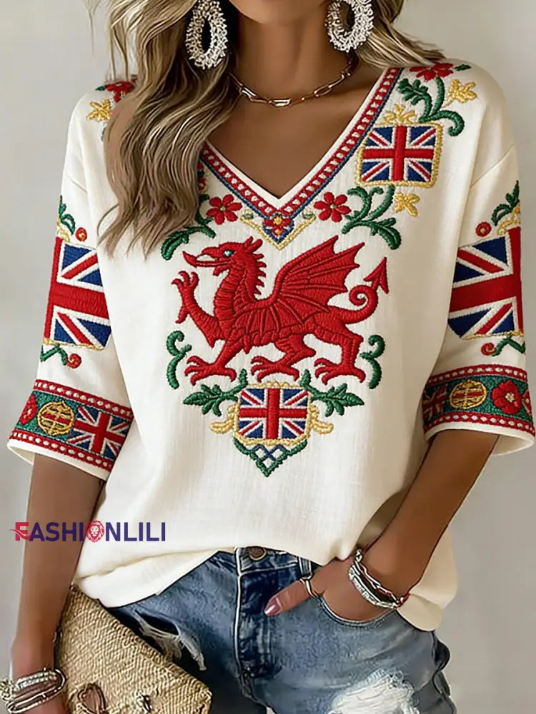 Women’s Retro Welsh Rugby Fan Printed Casual Top A / S
