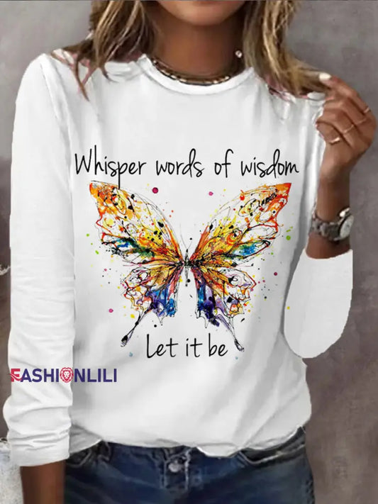 Women’s Retro Whisper Words Of Wisdom Let It Be Guitar Print Casual Long-Sleeve T-Shirt White / S
