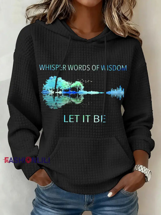 Women’s Retro Whisper Words Of Wisdom Let It Be Guitar Print Casual Waffle Hoodie Black / S