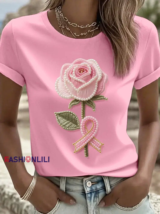 Women’s Rhinestone Art Pink Ribbon and Floral Pattern T Shirt Pink / S