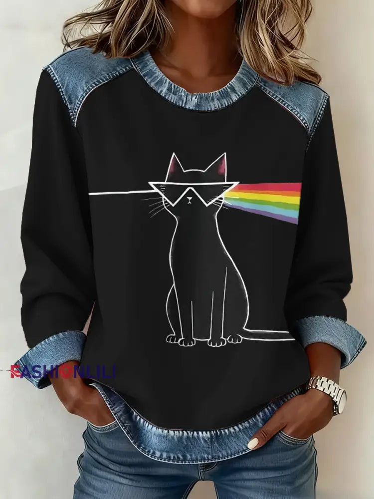 Women’s rock band lover Denim Patchwork Top Black / S