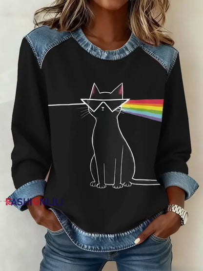 Women’s rock band lover Denim Patchwork Top Black / S