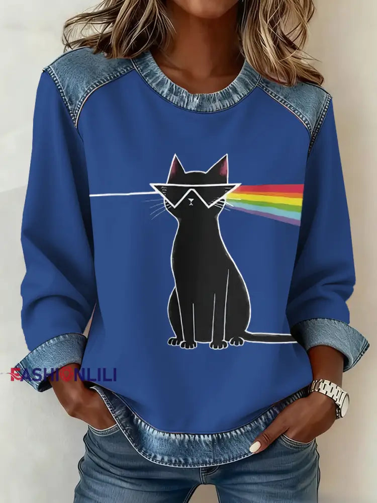 Women’s rock band lover Denim Patchwork Top Blue / S