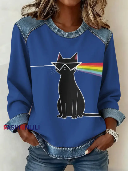 Women’s rock band lover Denim Patchwork Top Blue / S