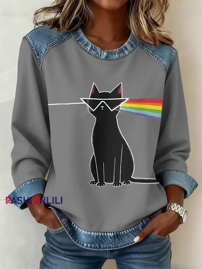 Women’s rock band lover Denim Patchwork Top Gray / S