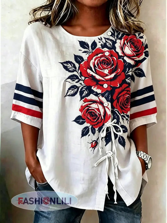 Women’s Rose Print Cotton-Linen Button-Front Top with Ties - White / S