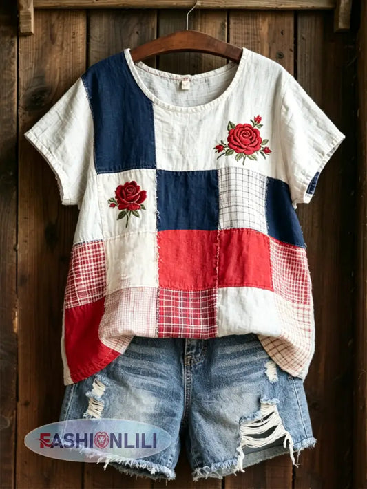 Women’s Rose Print linen short-sleeved T-shirt - A / S