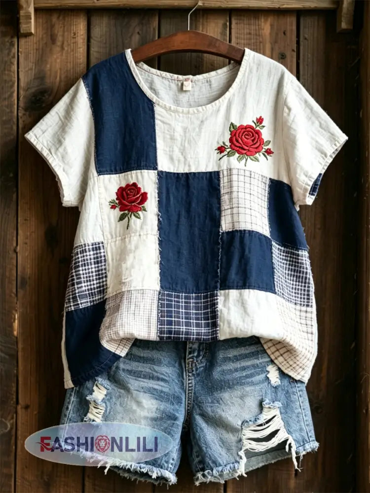 Women’s Rose Print linen short-sleeved T-shirt - Blue / S