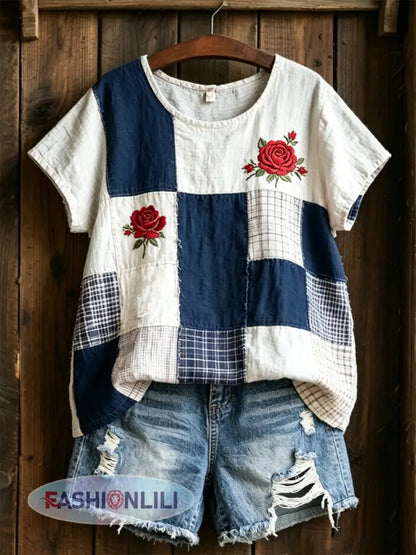 Women’s Rose Print linen short-sleeved T-shirt - Blue / S