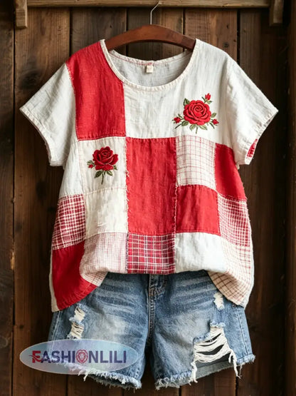 Women’s Rose Print linen short-sleeved T-shirt - Red / S