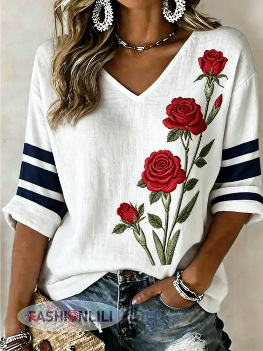 Women’s Rose Print Mid-length Sleeves V-Neck T-Shirt - A / S
