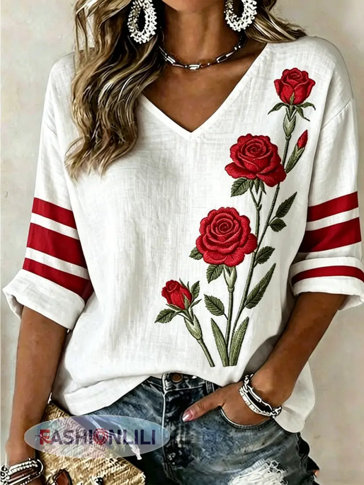 Women’s Rose Print Mid-length Sleeves V-Neck T-Shirt - B / S