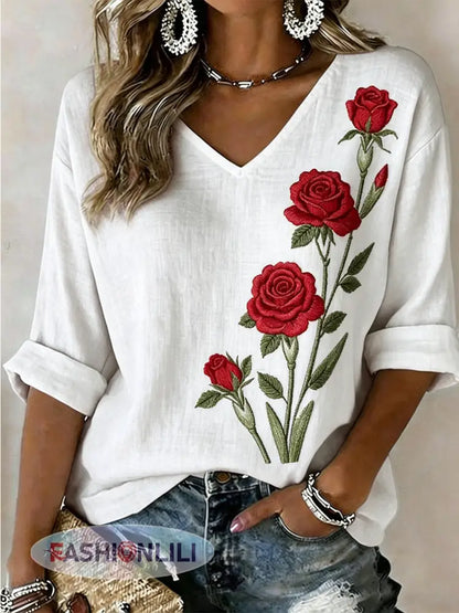 Women’s Rose Print Mid-length Sleeves V-Neck T-Shirt - White / S