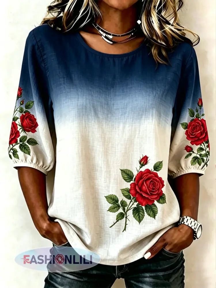 Women’s Rose Print T-shirt - Blue / S