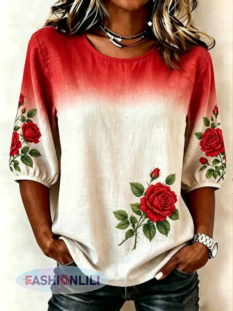 Women’s Rose Print T-shirt - Red / S