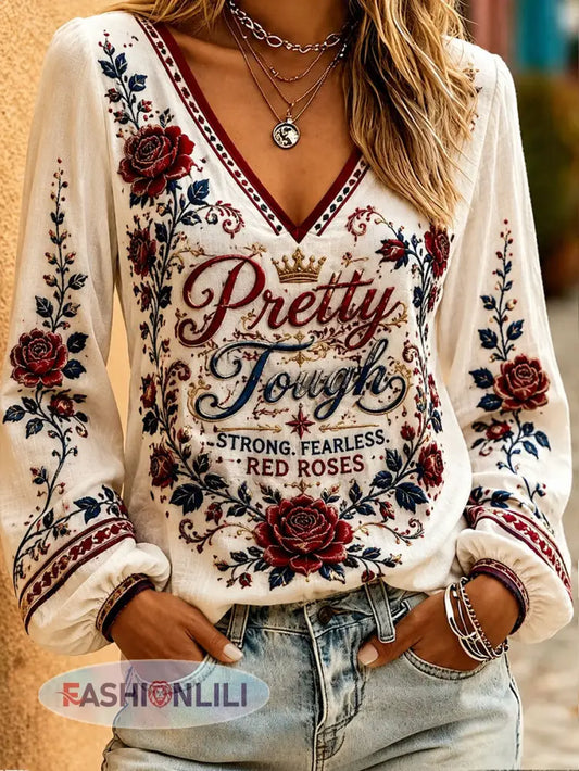 Women’s Roses England Rugby Lover Art Printed Linen Tops - Creamy-White / S