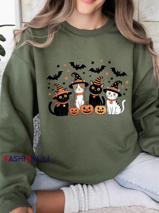 Women’s Round Neck Halloween Black Cat Pumpkin Embroidery Loose Long Sleeve Top Army Green / S