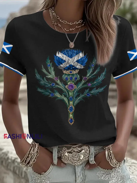 Women’s Scotland Flag Art Thistle Printed T shirt Black / S