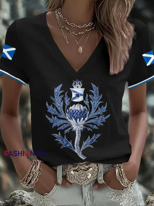 Women’s Scotland Flag Art Thistle Printed T shirt Black / S