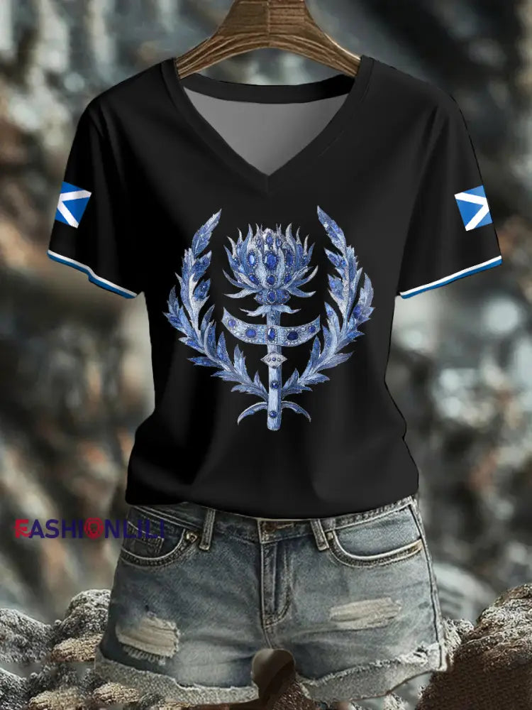 Women’s Scotland Flag Art Thistle Printed T shirt Black / S