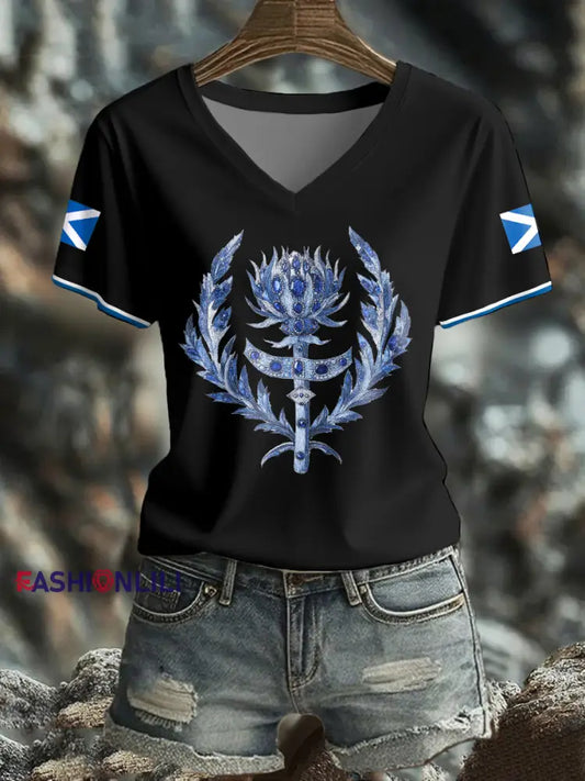 Women’s Scotland Flag Art Thistle Printed T shirt Black / S