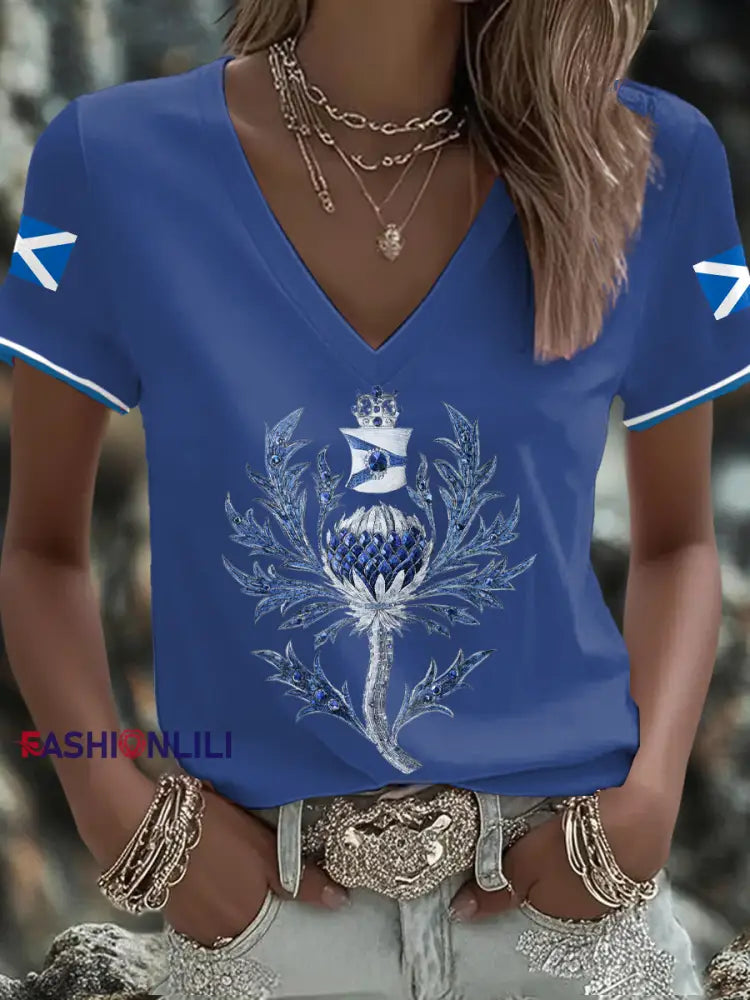 Women’s Scotland Flag Art Thistle Printed T shirt Blue / S