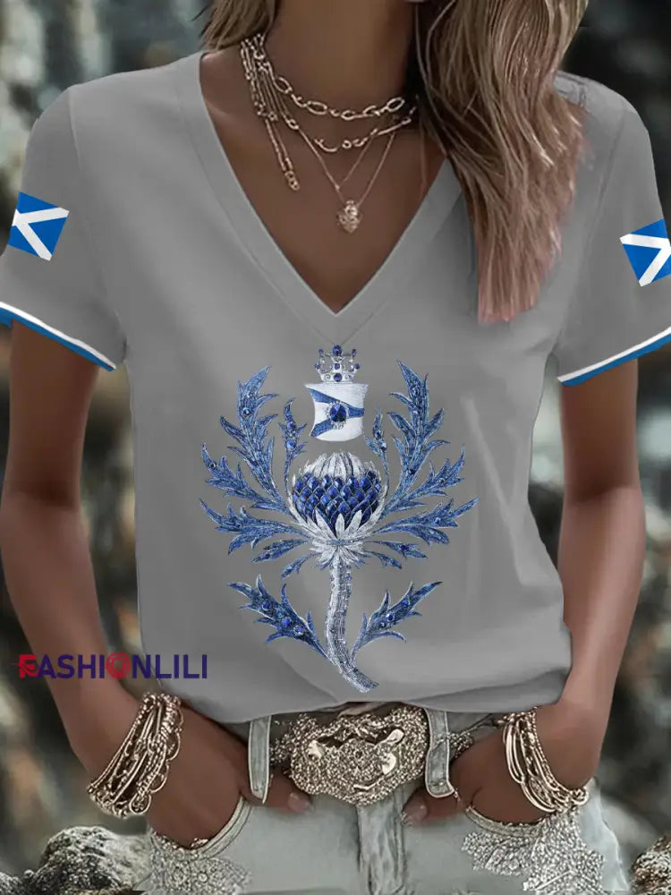 Women’s Scotland Flag Art Thistle Printed T shirt Light Gray / S