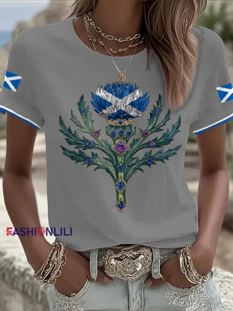 Women’s Scotland Flag Art Thistle Printed T shirt Light Gray / S