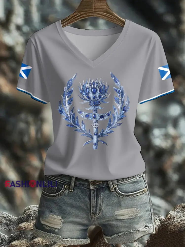 Women’s Scotland Flag Art Thistle Printed T shirt Light Gray / S