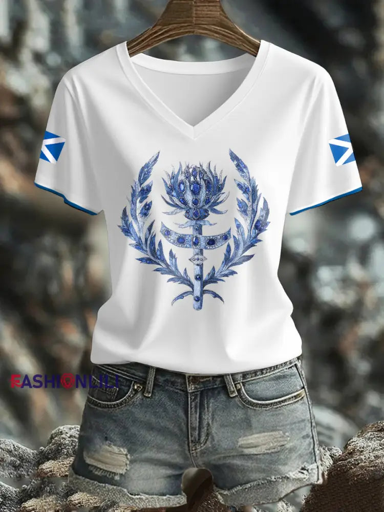 Women’s Scotland Flag Art Thistle Printed T shirt White / S