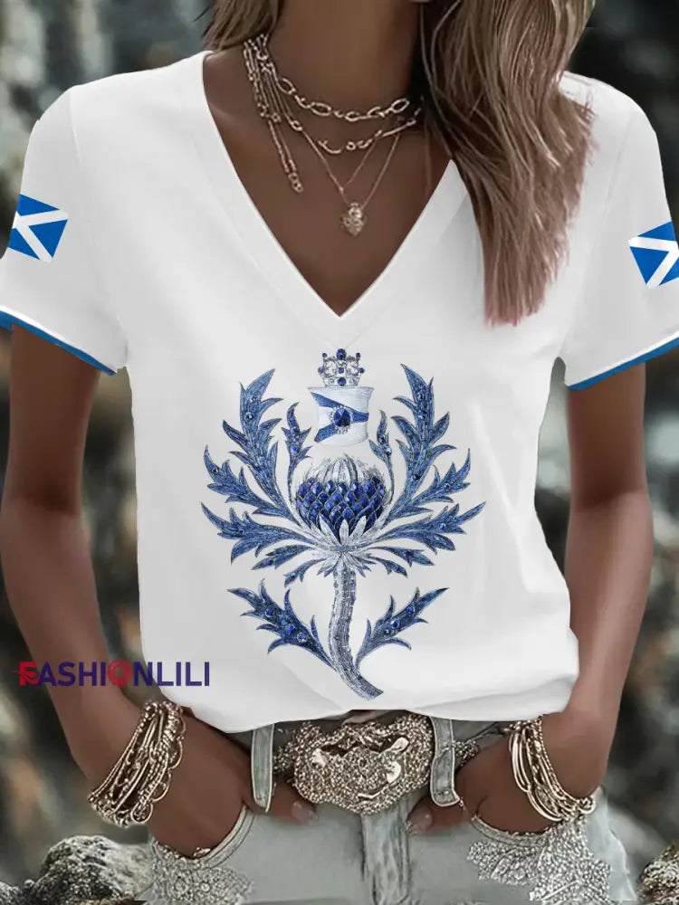 Women’s Scotland Flag Art Thistle Printed T shirt White / S