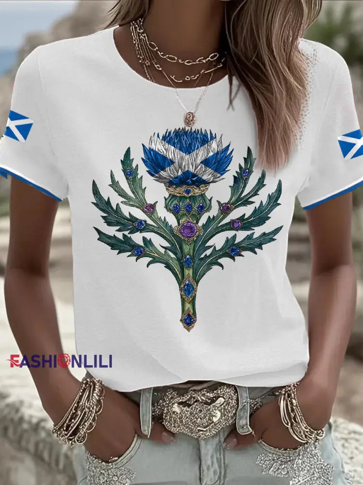 Women’s Scotland Flag Art Thistle Printed T shirt White / S