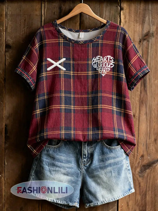 Women’s Scotland Football Lover Heart Art Printed Linen T-Shirt - Red / S