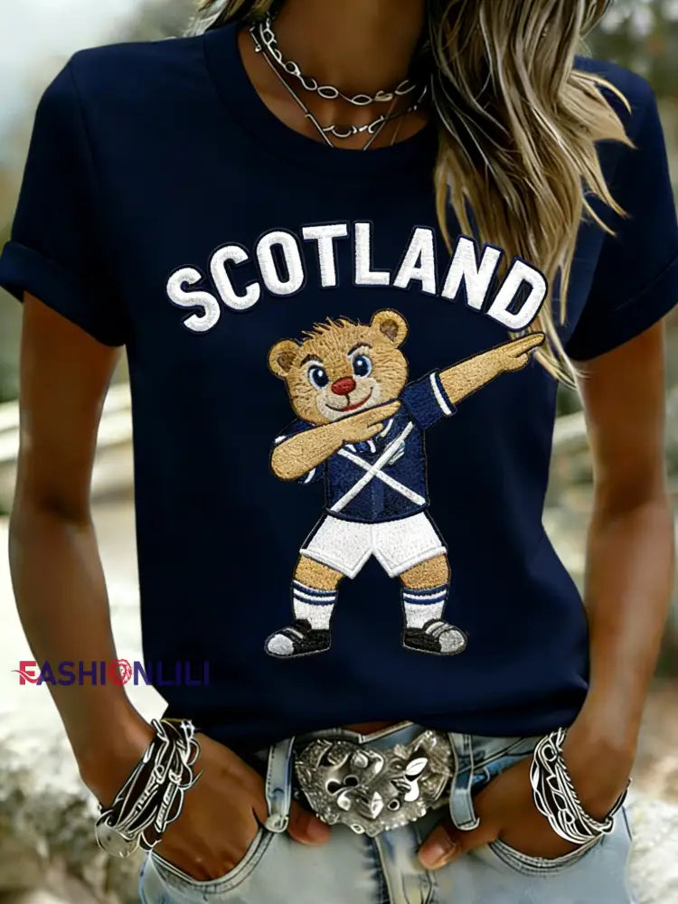 Women’s Scotland Football Lover Tartan Army Printed T-shirts Casual Short-Sleeved T-Shirt Navy Blue / S
