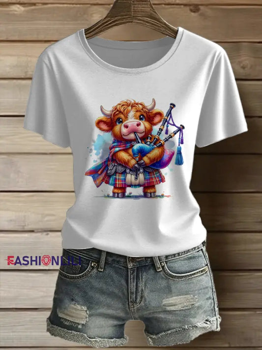 Women’s Scotland Highland Cattle Printed Vintage Fashion Loose Short Sleeve T-Shirt White / S