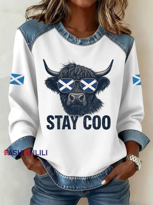 Women’s Scotland Highland Cow Print Denim Patchwork Top White / S