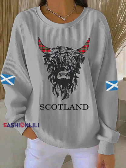 Women’s Scotland Highland Cow Ribbed Round-Neck Sweatshirt Gray / S