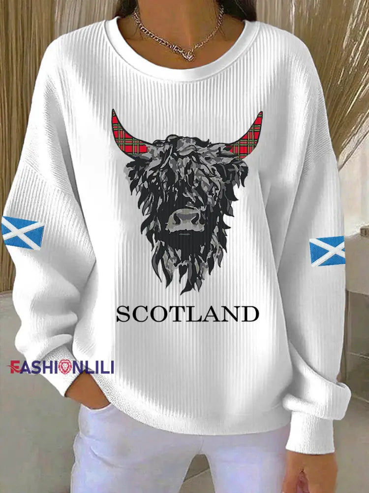 Women’s Scotland Highland Cow Ribbed Round-Neck Sweatshirt White / S