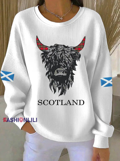 Women’s Scotland Highland Cow Ribbed Round-Neck Sweatshirt White / S