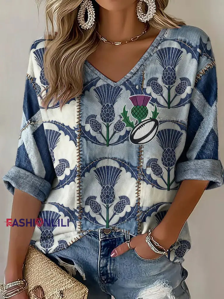 Women’s Scotland Rugby Lover Printed Waffle Tops As picture / S