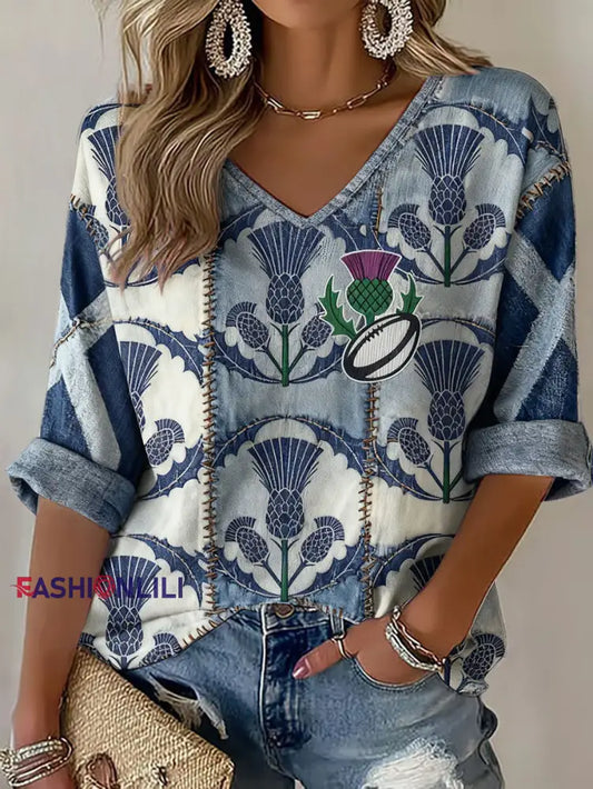 Women’s Scotland Rugby Lover Printed Waffle Tops As picture / S